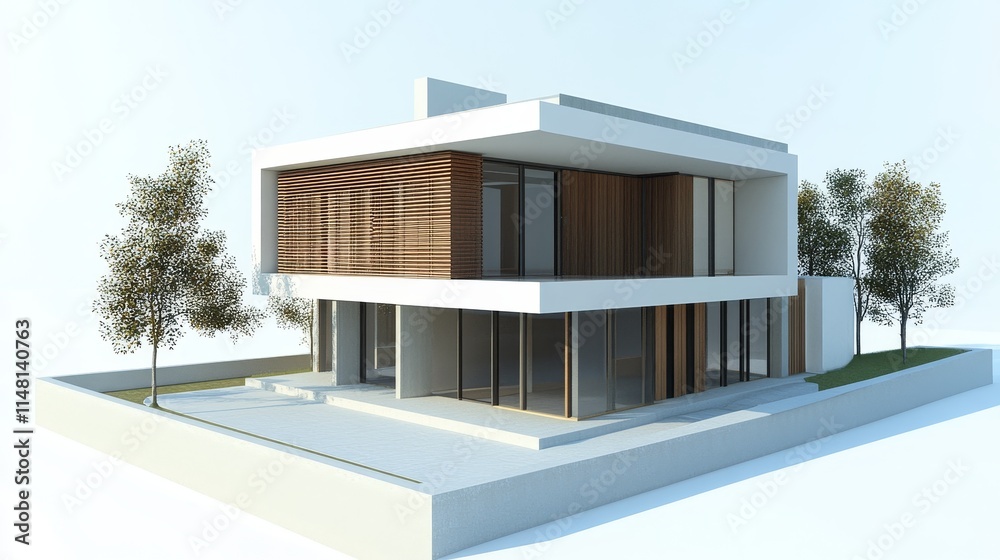 Modern architectural design featuring a sleek, minimalist house with wooden accents. Modern architectural design featuring a sleek, minimalist house with wooden accents.