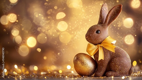 Wallpaper Mural Easter Chocolate Bunny with Golden Ribbon on Blurred Lights Background. AI generated illustration Torontodigital.ca