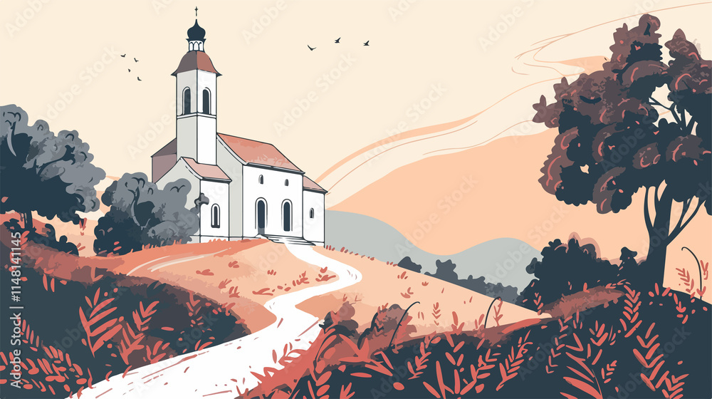 Naklejka premium Serene Landscape with Church on Hill for Pilgrimage - Spiritual Journey Picture