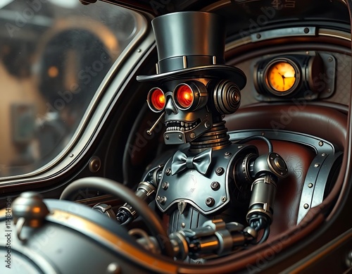 Steampunk Robot Pilot in a Futuristic Airship, Generative AI photo