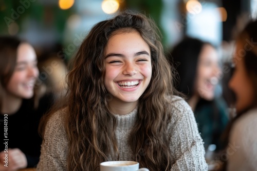 A joyful young woman with curly hair laughs wholeheartedly while enjoying coffee with friends in a cozy cafe, showcasing the warmth of friendship and connection.