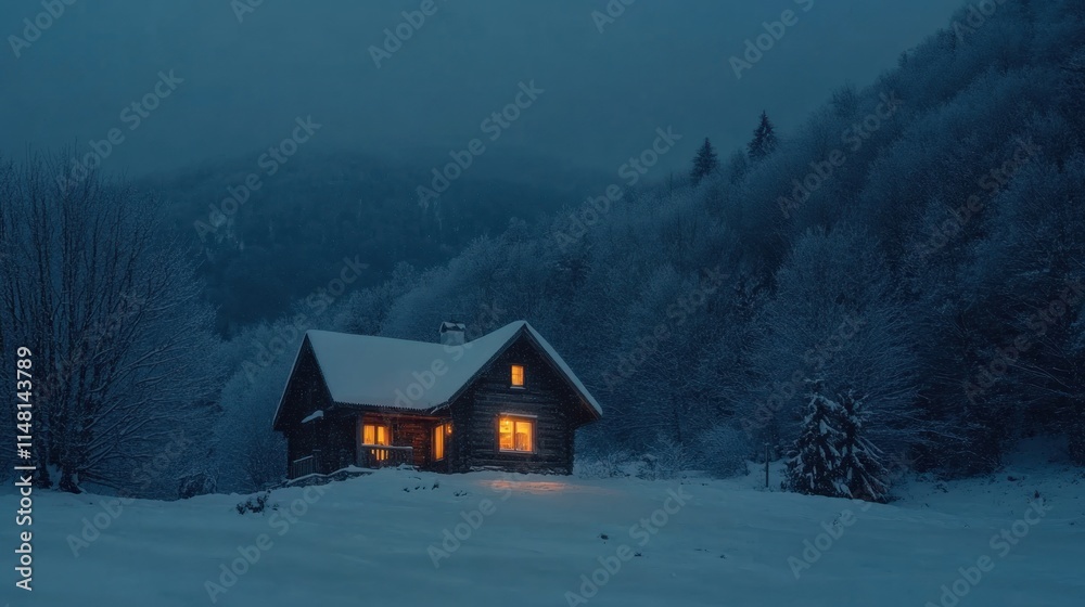 Snow-Covered Cabin with Warm Light in Winter Forest Snow-Covered Cabin with Warm Light in Winter Forest
