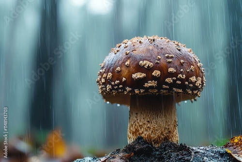 Mushroom growing in a damp forest during a rainstorm captures nature's beauty and resilience in a tranquil woodland haven photo