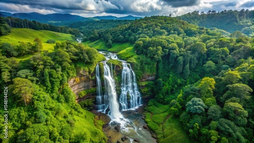 Breathtaking aerial view of Kote Abbe Falls, Coorg, Karnataka: a scenic Indian waterfall captured in stunning photography.