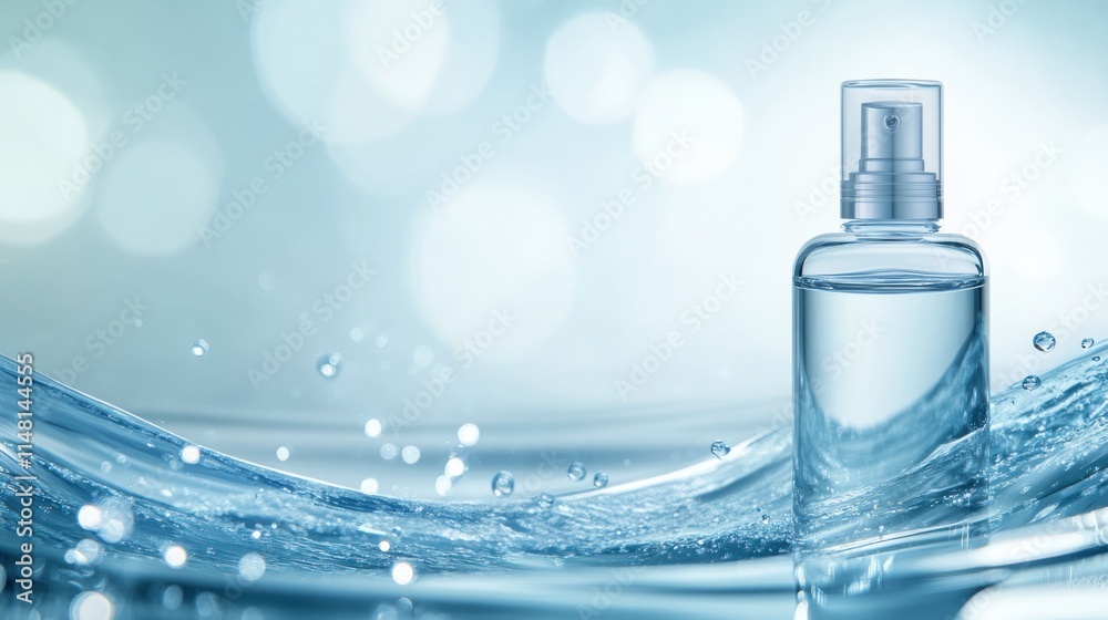 Skincare Bottle Surrounded by Water Droplets Skincare Bottle Surrounded by Water Droplets