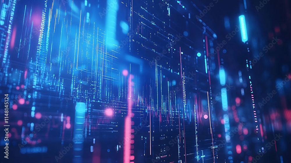 Abstract digital data stream visualization with glowing lines and particles in blue, pink and red. Abstract digital data stream visualization with glowing lines and particles in blue, pink and red.