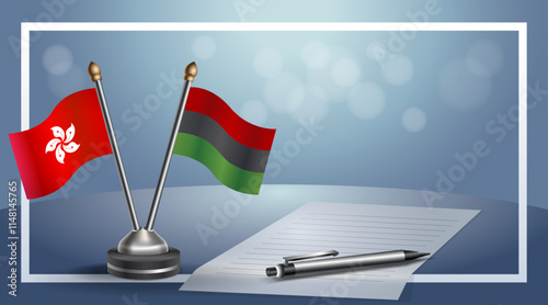 Hong Kong and African American National flags on small table with bokeh background, cooperative relationship