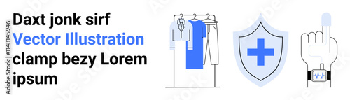 Clothing rack with garments, shield with medical cross, hand with smartwatch and raised index finger. Ideal for healthcare, technology, fashion, design, security, digital interfaces online services