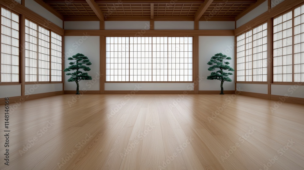 Serene Minimalist Room Japanese Design Wooden Floor Shoji Screens Bonsai Trees Serene Minimalist Room Japanese Design Wooden Floor Shoji Screens Bonsai Trees