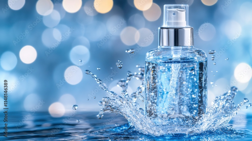 Dramatic Water Splash with Skincare Bottle in Blue Dramatic Water Splash with Skincare Bottle in Blue