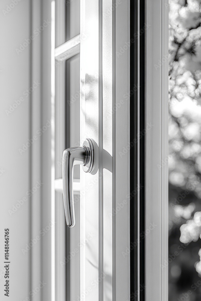 A partially opened window, with the handle visible, set against a plain white backdrop, A partially opened window, with the handle visible, set against a plain white backdrop,