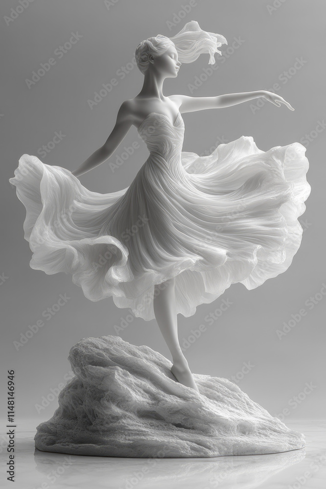 Naklejka premium A minimalist view of a rotating ballerina statue with a flowing tutu, set on a smooth white backdrop,