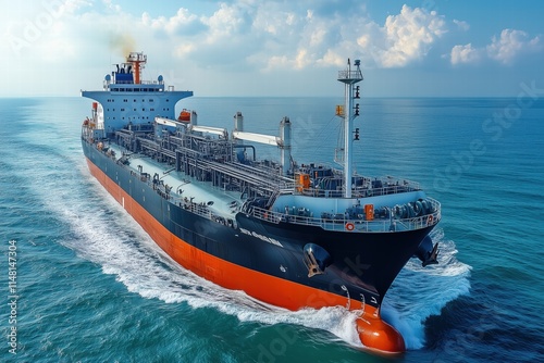 A large cargo ship navigating through calm blue waters under a bright sky with fluffy clouds. The ship features a dark hull and a prominent superstructure, showcasing its industrial design.
