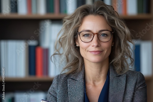 A poised woman in a sophisticated outfit smiles while showcasing her glasses, standing in front of a bookshelf which highlights her professionalism and elegance.