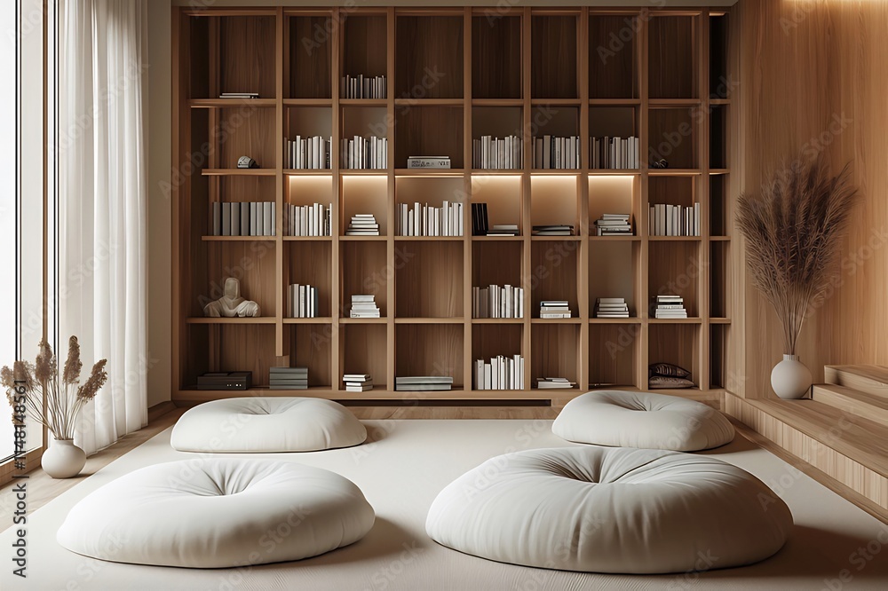 Serene minimalist room with wooden shelving, books, cushions, and natural light. Serene minimalist room with wooden shelving, books, cushions, and natural light.