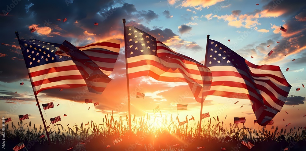 Obraz premium Sunset scene with waving American flags against a colorful sky and grassy foreground.
