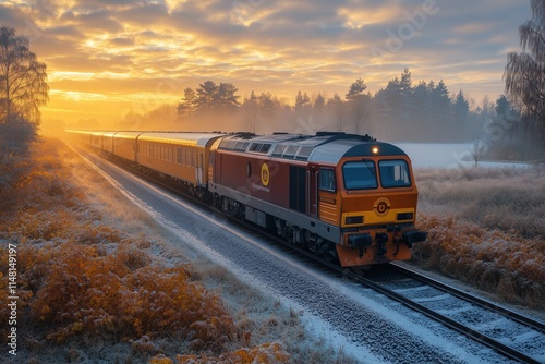A train travels through a frosty landscape at sunrise, with golden light illuminating the scene. The train is surrounded by trees and fields covered in frost, creating a serene and picturesque view.