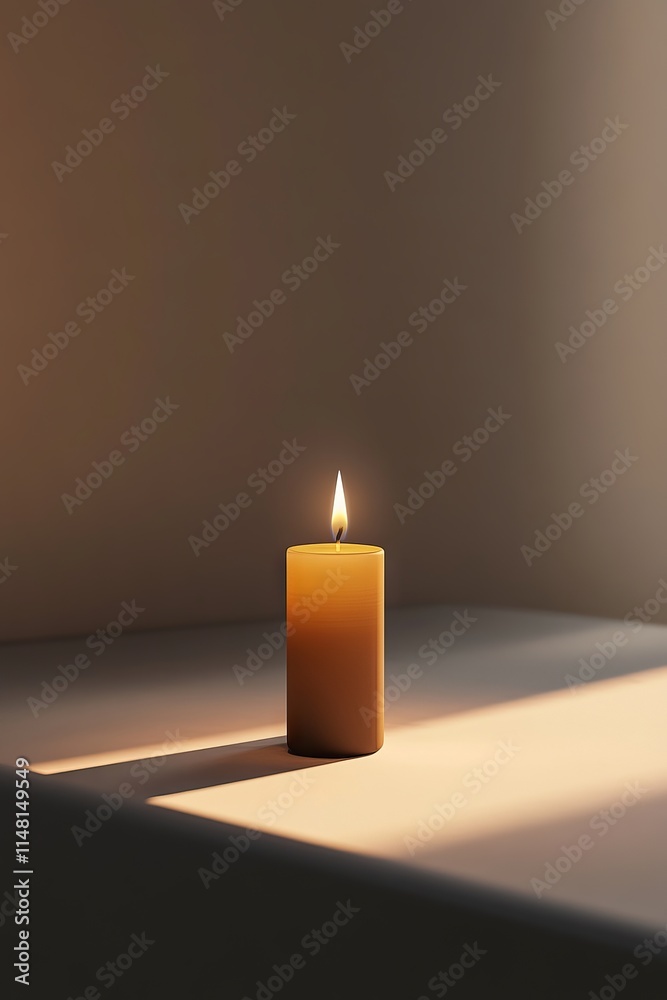 A candle is lit and sitting on a table. The light from the candle casts a shadow on the table. Concept of warmth and comfort, as the candle's light creates a cozy atmosphere A candle is lit and sitting on a table. The light from the candle casts a shadow on the table. Concept of warmth and comfort, as the candle's light creates a cozy atmosphere