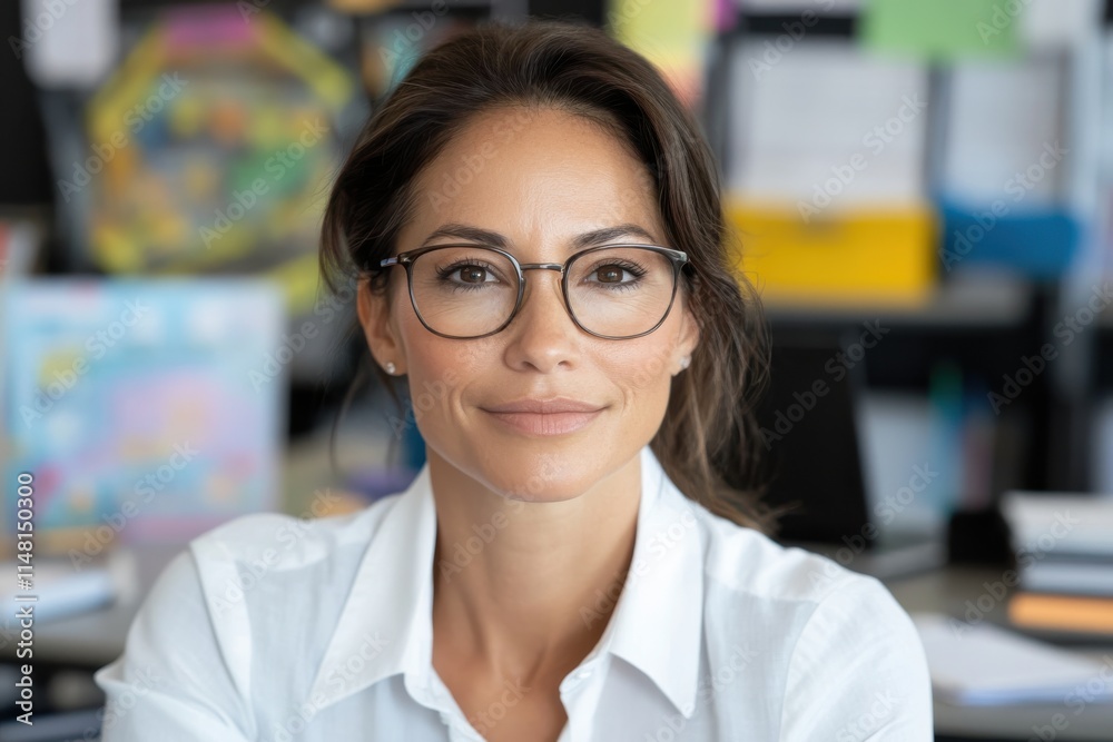 A sophisticated woman wearing glasses captures attention with her engaging smile in an organized office, illustrating elements of professionalism, warmth, and a positive outlook. A sophisticated woman wearing glasses captures attention with her engaging smile in an organized office, illustrating elements of professionalism, warmth, and a positive outlook.