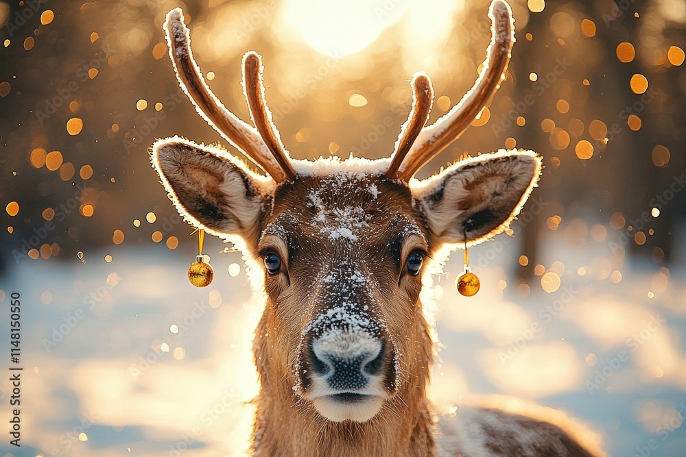 Majestic reindeer portrait, snow-covered antlers, winter wonderland, golden ornaments, bokeh background.