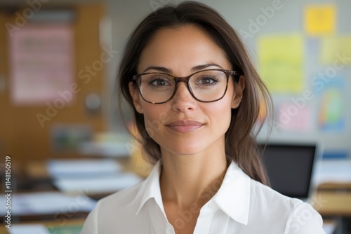 In a well-lit classroom, a professional woman with glasses presents an educational setting, radiating determination, knowledge, and a nurturing atmosphere for learning.