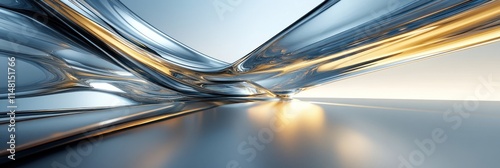 Abstract metallic architecture, futuristic design, silver and gold tubes, sleek, shiny surface, light reflections, modern style, interior space.