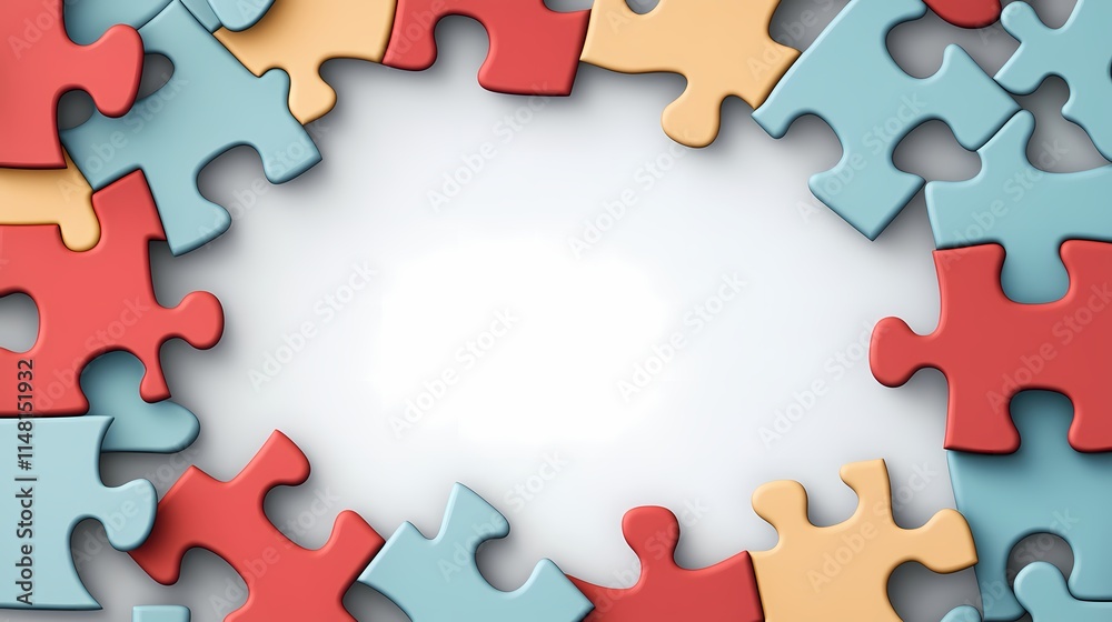 Colorful Puzzle Pieces Arranged in a Circular Frame on a Clean Background Ideal for Creativity, Problem-Solving, Teamwork, and Learning Concepts in Visual Design Colorful Puzzle Pieces Arranged in a Circular Frame on a Clean Background Ideal for Creativity, Problem-Solving, Teamwork, and Learning Concepts in Visual Design