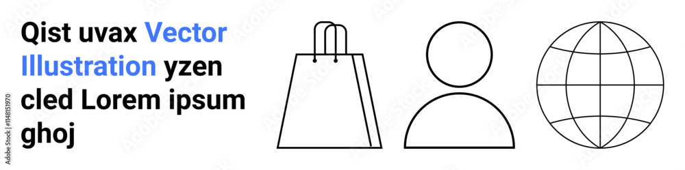 Shopping bag, user avatar, and globe icons in black outlines alongside placeholder text. Ideal for e-commerce, user interface, global reach, online shopping, profiles, business minimalism themes Shopping bag, user avatar, and globe icons in black outlines alongside placeholder text. Ideal for e-commerce, user interface, global reach, online shopping, profiles, business minimalism themes
