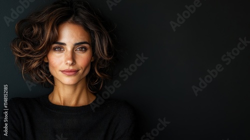 Portrait of a beautiful woman with curly brown hair against a dark background.