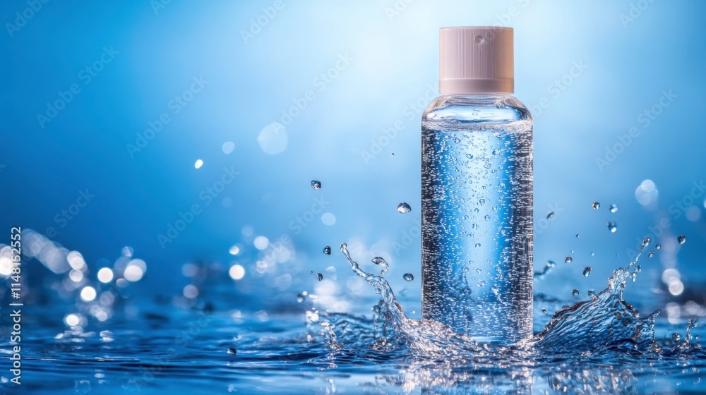Fresh Skincare Bottle with Water Splash in Blue Background Fresh Skincare Bottle with Water Splash in Blue Background