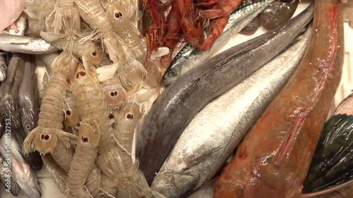 Variety of Fresh Fish on Ice at a Seafood Market