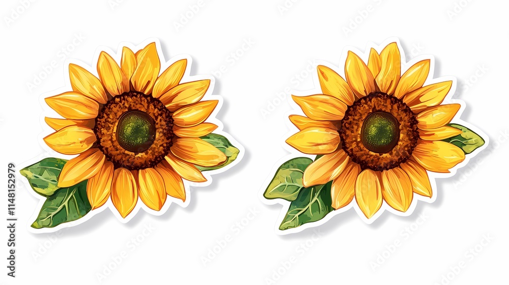 Fototapeta premium Two Vibrant Sunflowers with Bold Yellow Petals and Rich Brown Centers Graphic Design for Nature Lovers and Floral Illustrations