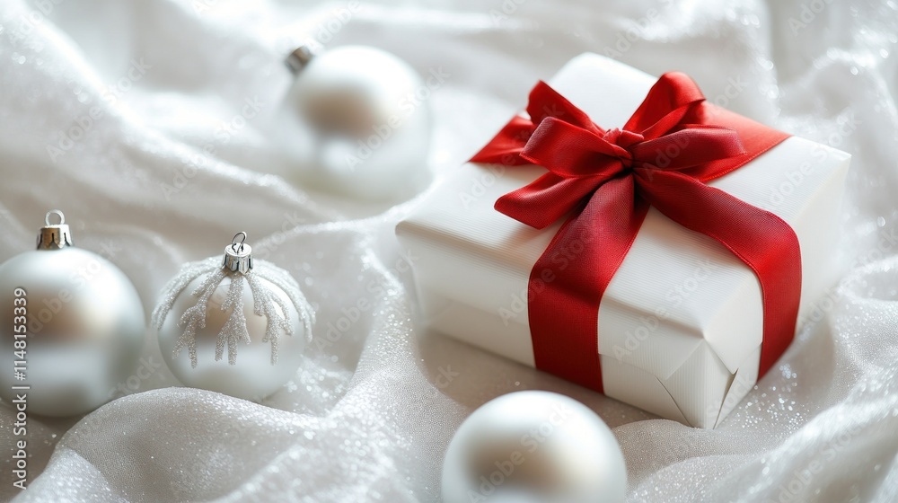 White gift box with red ribbon and silver ornaments on white fabric. White gift box with red ribbon and silver ornaments on white fabric.