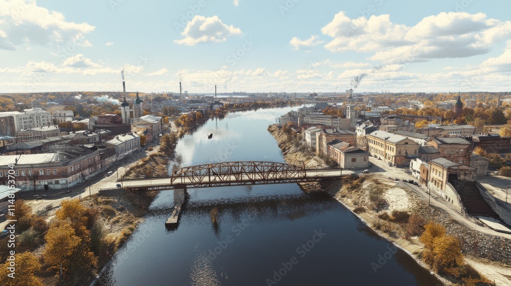 Fototapeta premium Panorama of the city of Tver, Russia. Aerial view. Volga River, Old Bridge, From Drone.