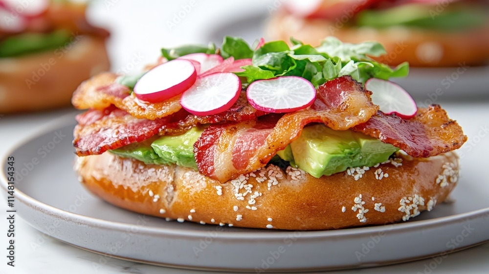 Delicious bacon, avocado, and radish open-faced sandwich on a sesame seed bun. Delicious bacon, avocado, and radish open-faced sandwich on a sesame seed bun.