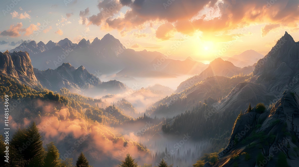 Sunrise over Misty Mountain Range Sunrise over Misty Mountain Range
