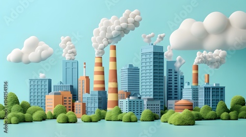 3D cartoon industrial factory, cute chibi style. Smoking chimneys, buildings, trees, skyline in light blue palette. Minimalist vector art, environmental theme in isometric perspective. photo