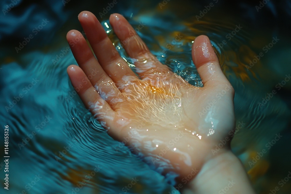 Fototapeta premium Hand submerged in water, ripples visible on surface.