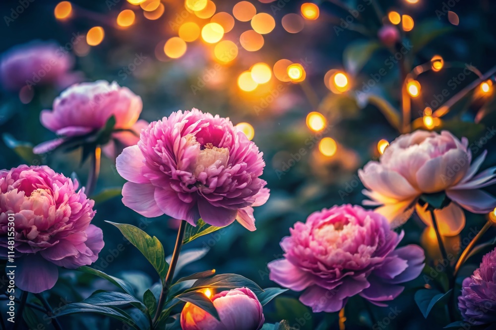 Fototapeta premium Long Exposure Blooming Peonies Photography: Stunning Night Bloom, Soft Light, Vibrant Colors, Garden Flowers, Floral Photography
