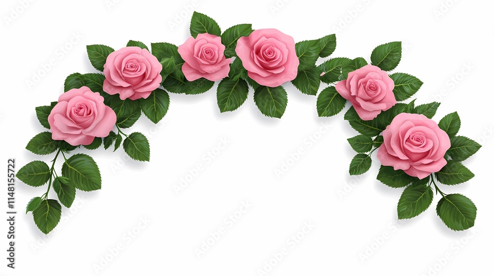 Naklejka premium Beautiful Arrangement of Soft Pink Roses Surrounded by Green Leaves on a White Background Ideal for Wedding, Love, and Floral Design Themes