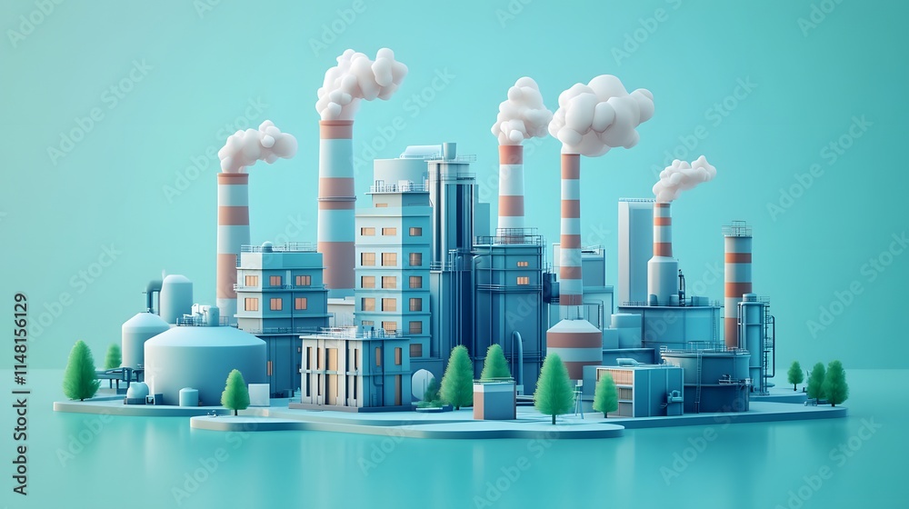 Fototapeta premium 3D cartoon industrial factory, cute chibi style. Smoking chimneys, buildings, trees, skyline in light blue palette. Minimalist vector art, environmental theme in isometric perspective.