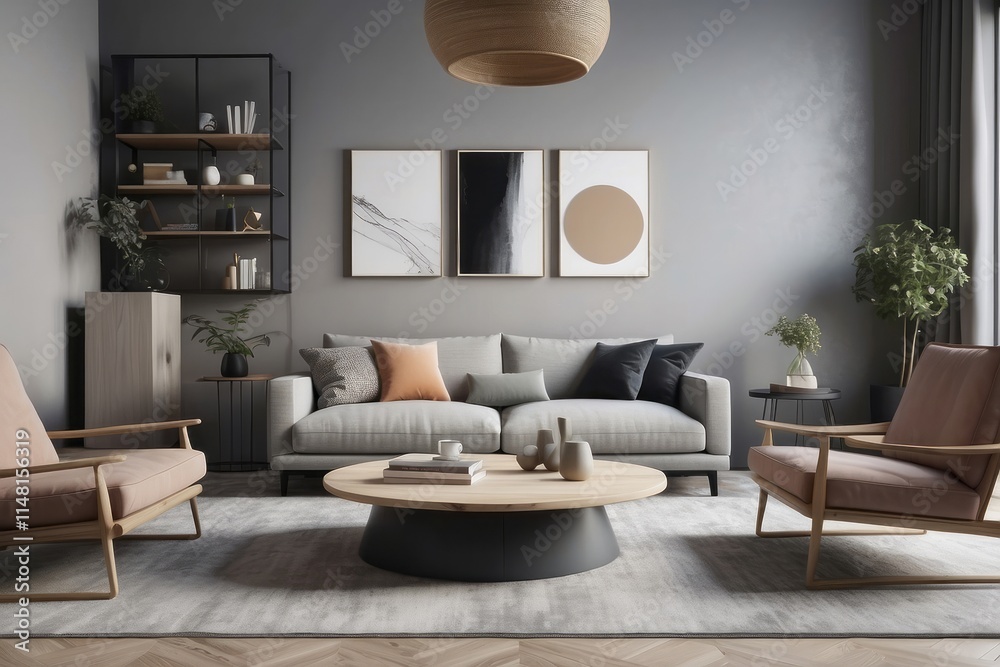 Obraz premium interior of modern living room with laptop, carpet and furniture