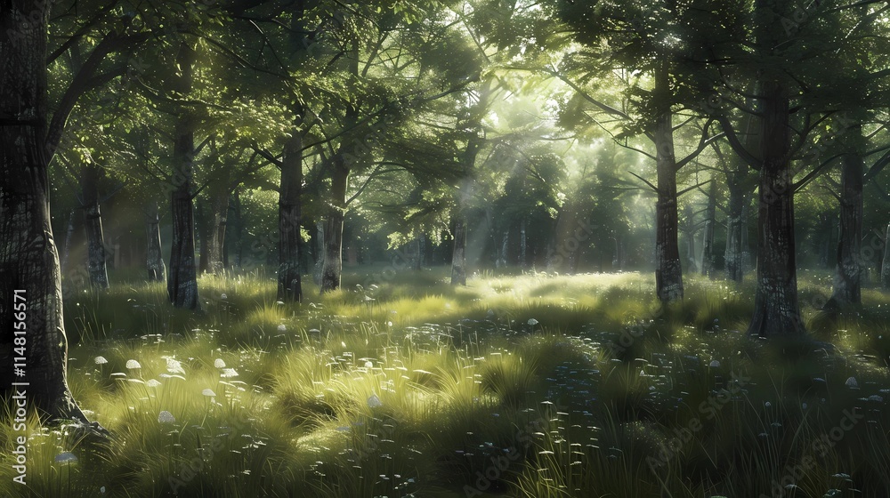 Obraz premium Summer Forest with Dappled Sunlight