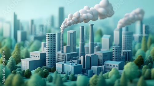 3D cartoon industrial factory, cute chibi style. Smoking chimneys, buildings, trees, skyline in light blue palette. Minimalist vector art, environmental theme in isometric perspective. photo