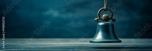 Vintage bell on a wooden surface in a dark moody background evoking nostalgia, tradition, and simplicity; ideal for themes of serenity, history, and timeless designs photo