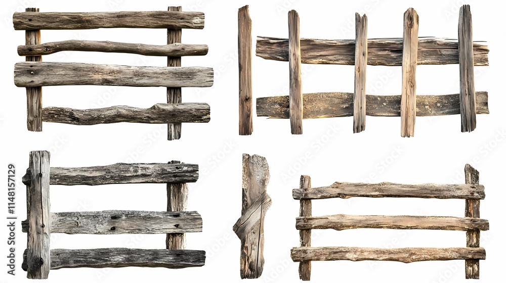 Weathered Wooden Fences Collection Featuring Rustic Designs and Textures Ideal for Agricultural, Rural, or Vintage Decoration Projects and Themes Weathered Wooden Fences Collection Featuring Rustic Designs and Textures Ideal for Agricultural, Rural, or Vintage Decoration Projects and Themes