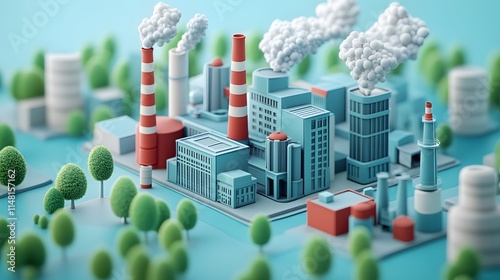 3D cartoon industrial factory, cute chibi style. Smoking chimneys, buildings, trees, skyline in light blue palette. Minimalist vector art, environmental theme in isometric perspective. photo