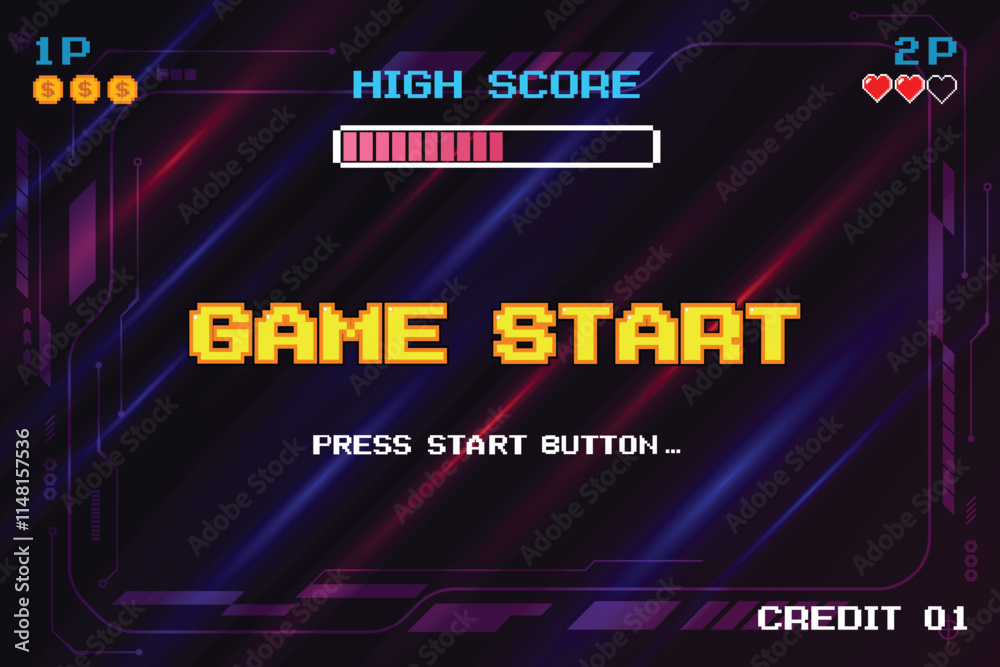 GAME START.pixel art .8 bit game on Abstract Lens flare light special effect Background. Retro Video Game Background, circuit technology background design. UI, HUD