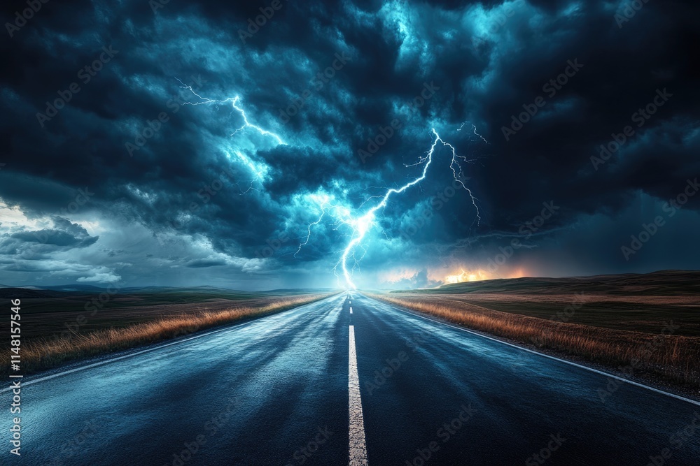 Powerful thunderstorm in empty landscape with lightning strikes. Powerful thunderstorm in empty landscape with lightning strikes.