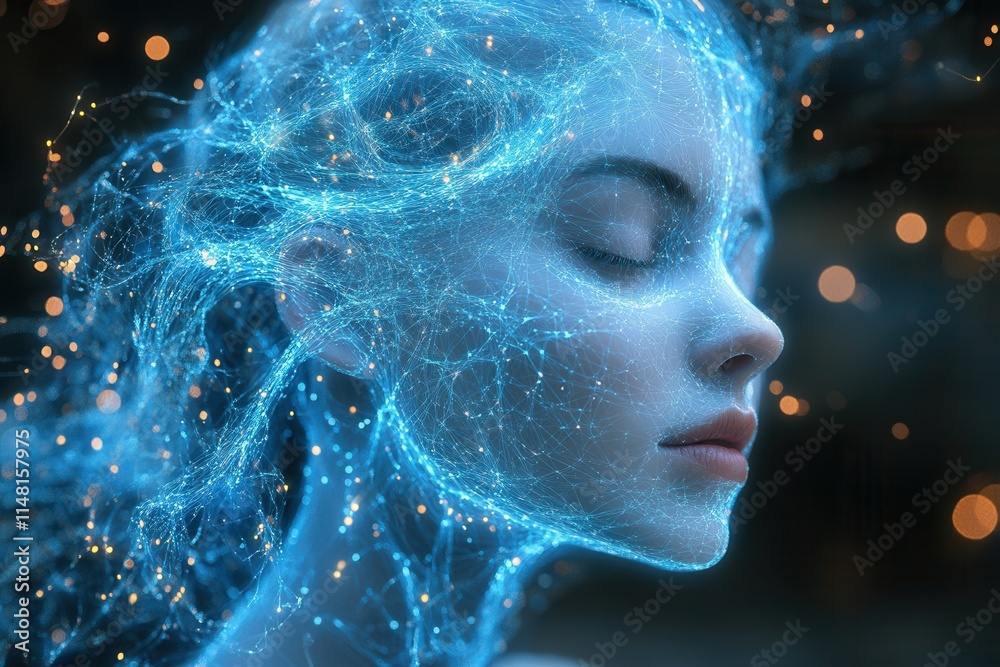 A surreal portrait of a woman with an ethereal, glowing network around her head.